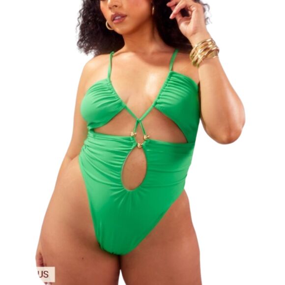 Pretty Little Thing NWT Plus Green Bead Detail Ruched Cut out Swimsuit Size 18 - Picture 1 of 5